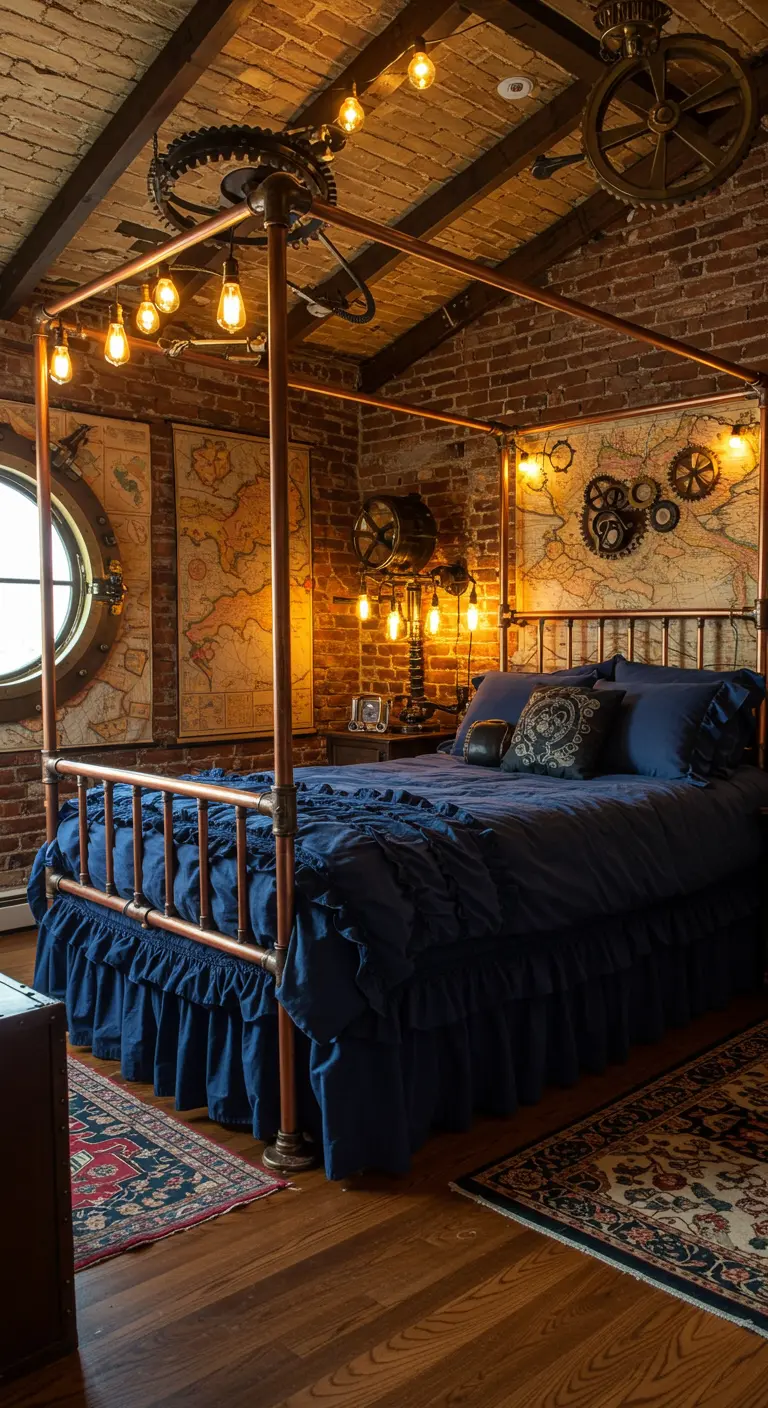 Steampunk bedroom with a copper pipe bed frame, gears, and Edison bulbs.