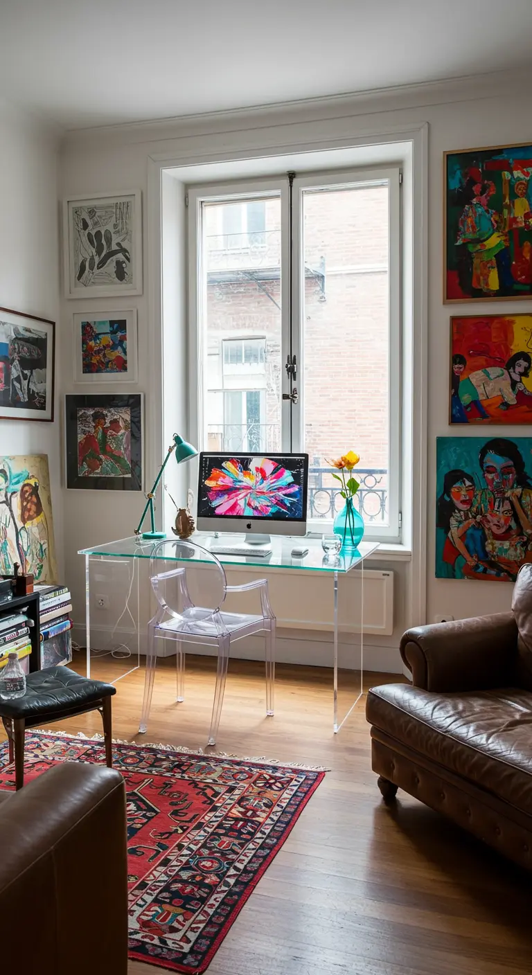 A clear acrylic desk and chair placed in front of a window in a living room filled with vibrant art.