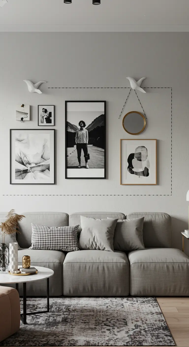 A gallery wall of black-and-white art unified by a dotted-line rectangle made of tape.