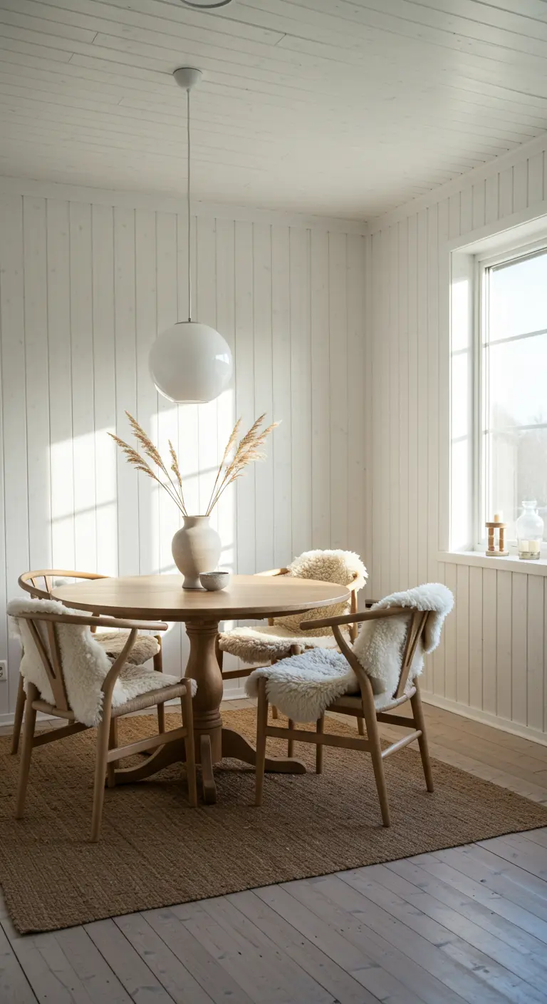 Round oak dining table with four chairs, each draped with a white sheepskin throw, under a modern white globe pendant light.