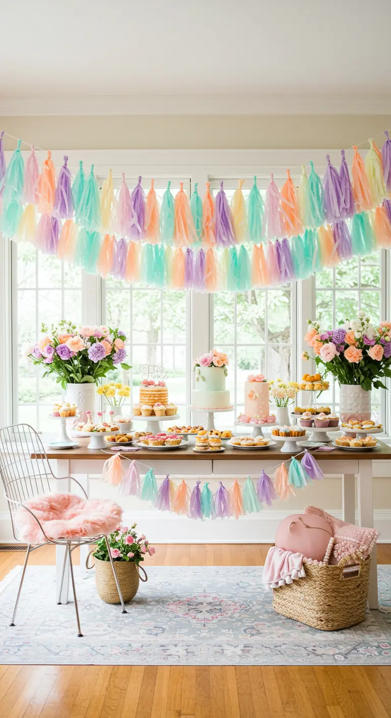 Pastel tassel garlands above a dessert table with cakes and flowers.
