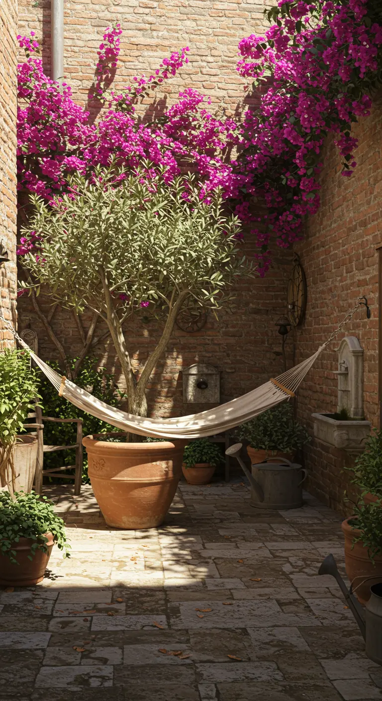 A white hammock hanging between a brick wall and a potted olive tree in a courtyard.