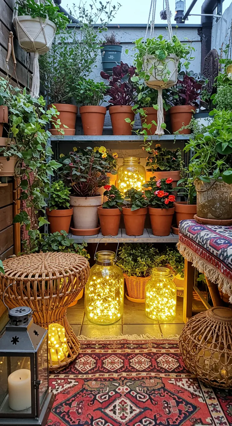 A cozy balcony corner filled with plants and large glass jars lit from within by fairy lights.