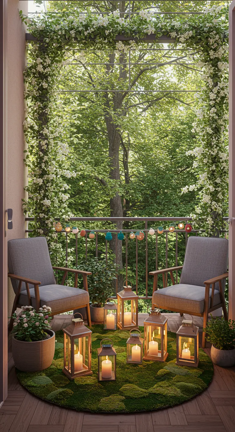 Balcony entrance framed by white climbing flowers, with lanterns on a moss rug.