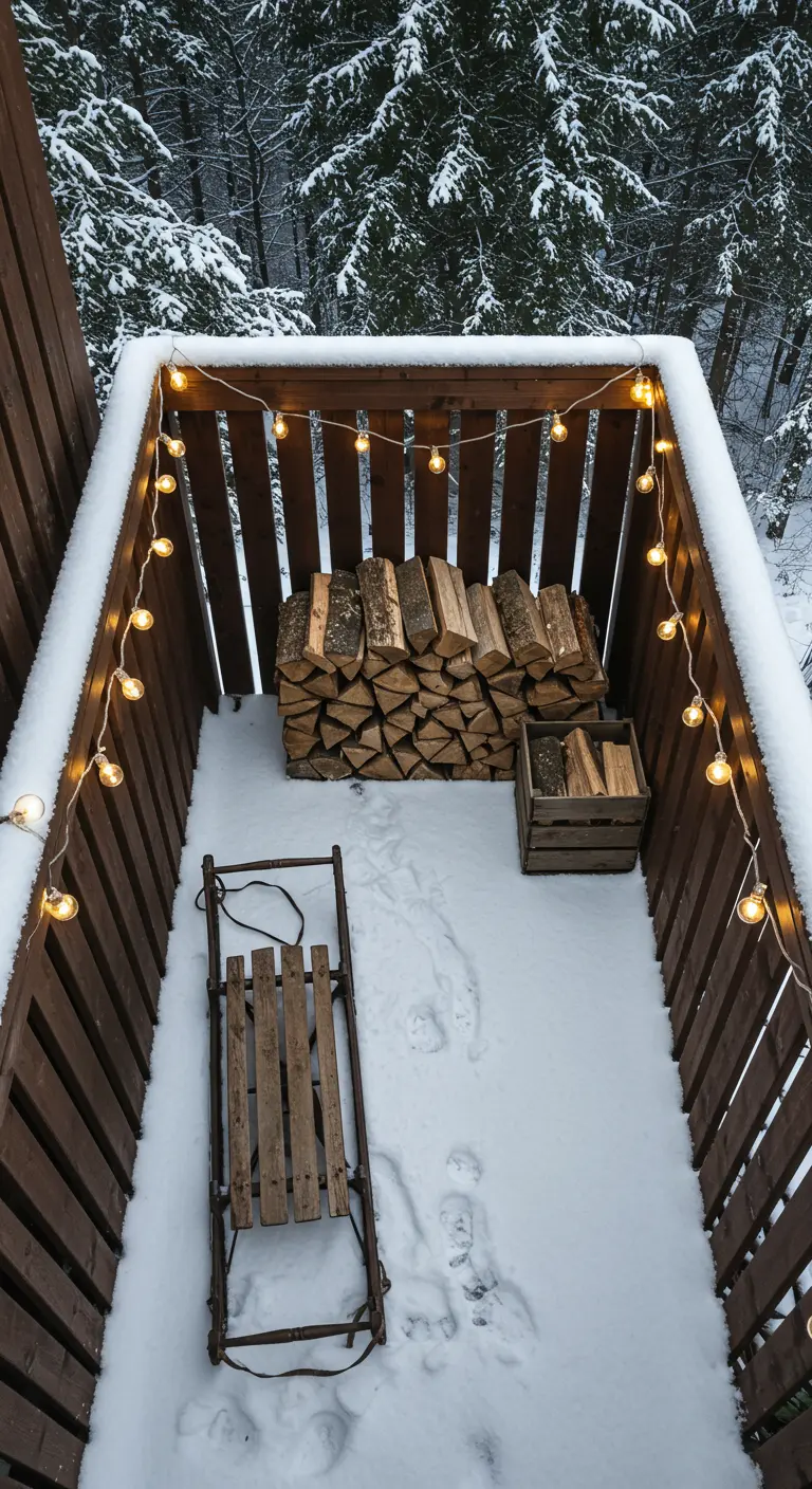 Top-down view of a small, snow-covered balcony with a sled, firewood, and lights.