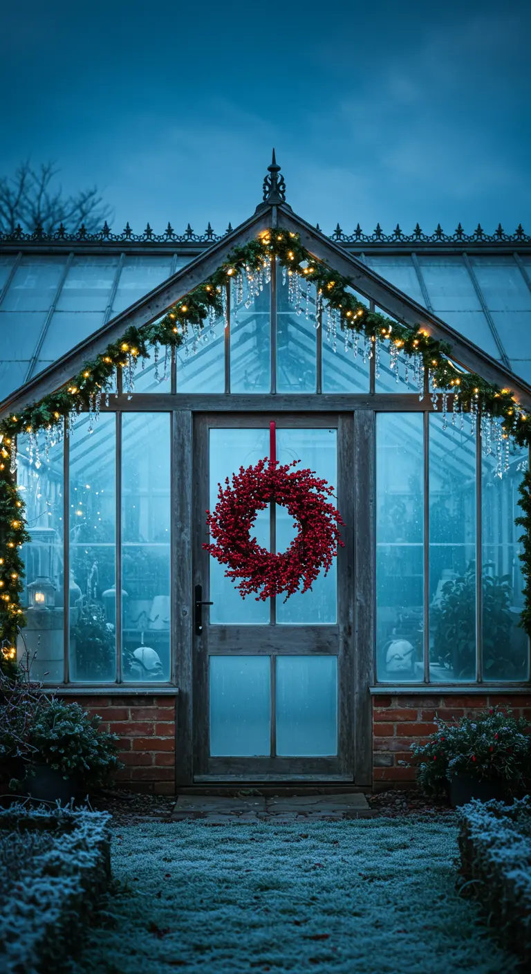 A greenhouse at dusk, outlined with garlands and icicle lights, with a red berry wreath on the door.