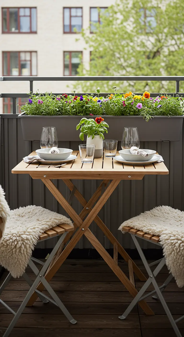A balcony dining setup with a railing planter overflowing with colorful flowers.