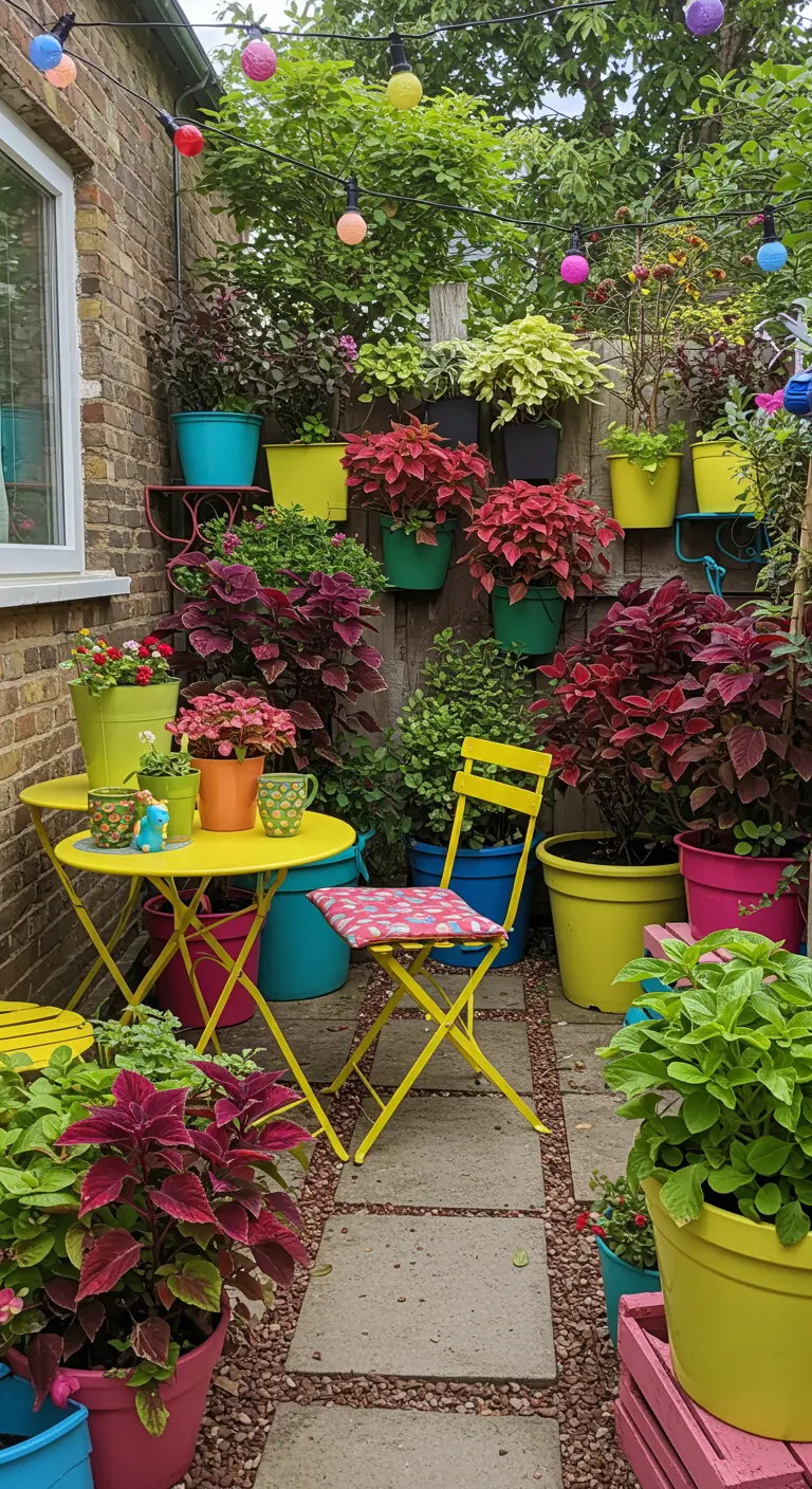 A small, colorful patio filled with brightly painted pots and a yellow bistro set.