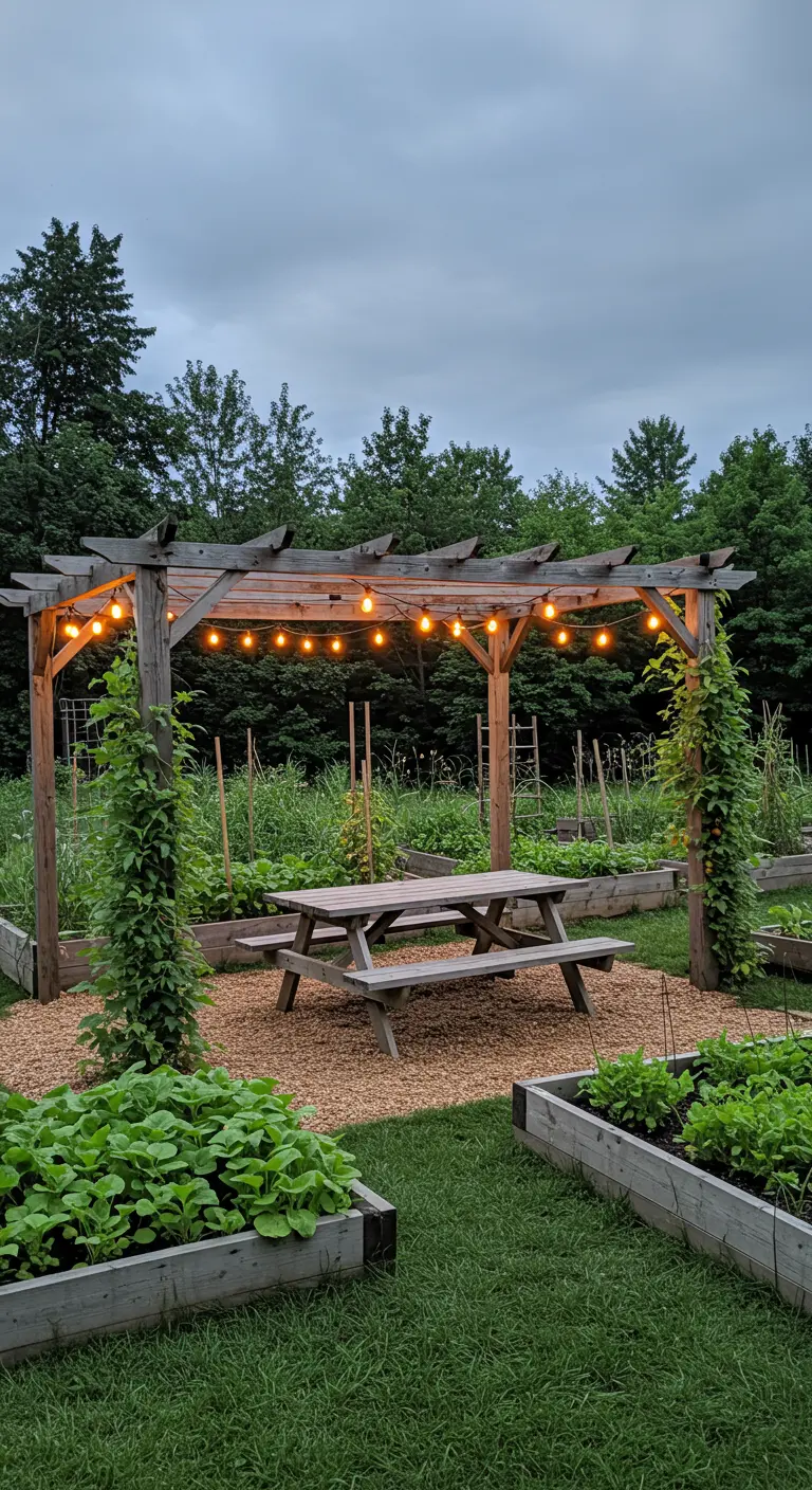 A pergola with a picnic table in the middle of a vegetable garden with raised beds.