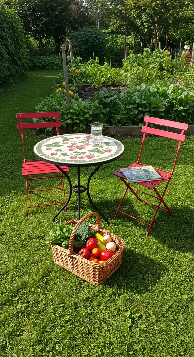 Bistro table with a strawberry mosaic design set in a green lawn by a vegetable garden.