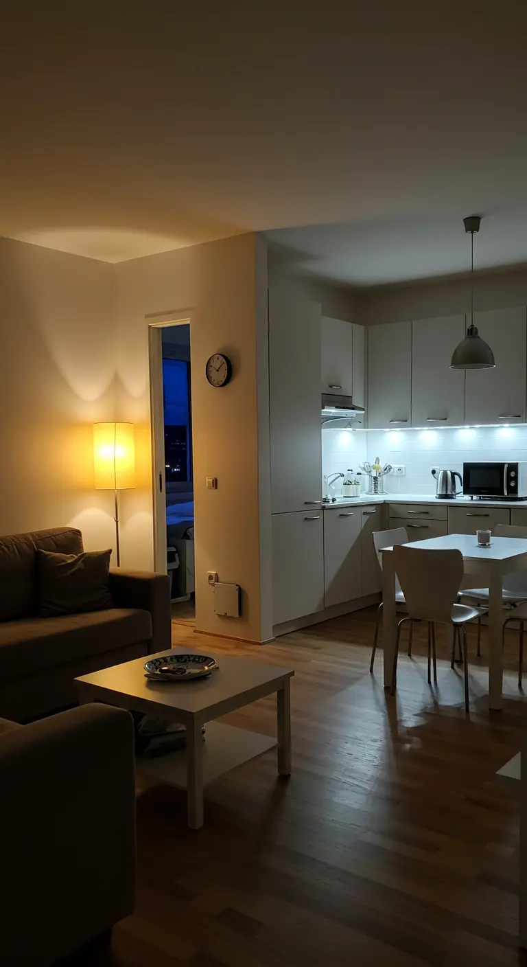 A kitchen with a peninsula counter that separates it from the living area in a studio.
