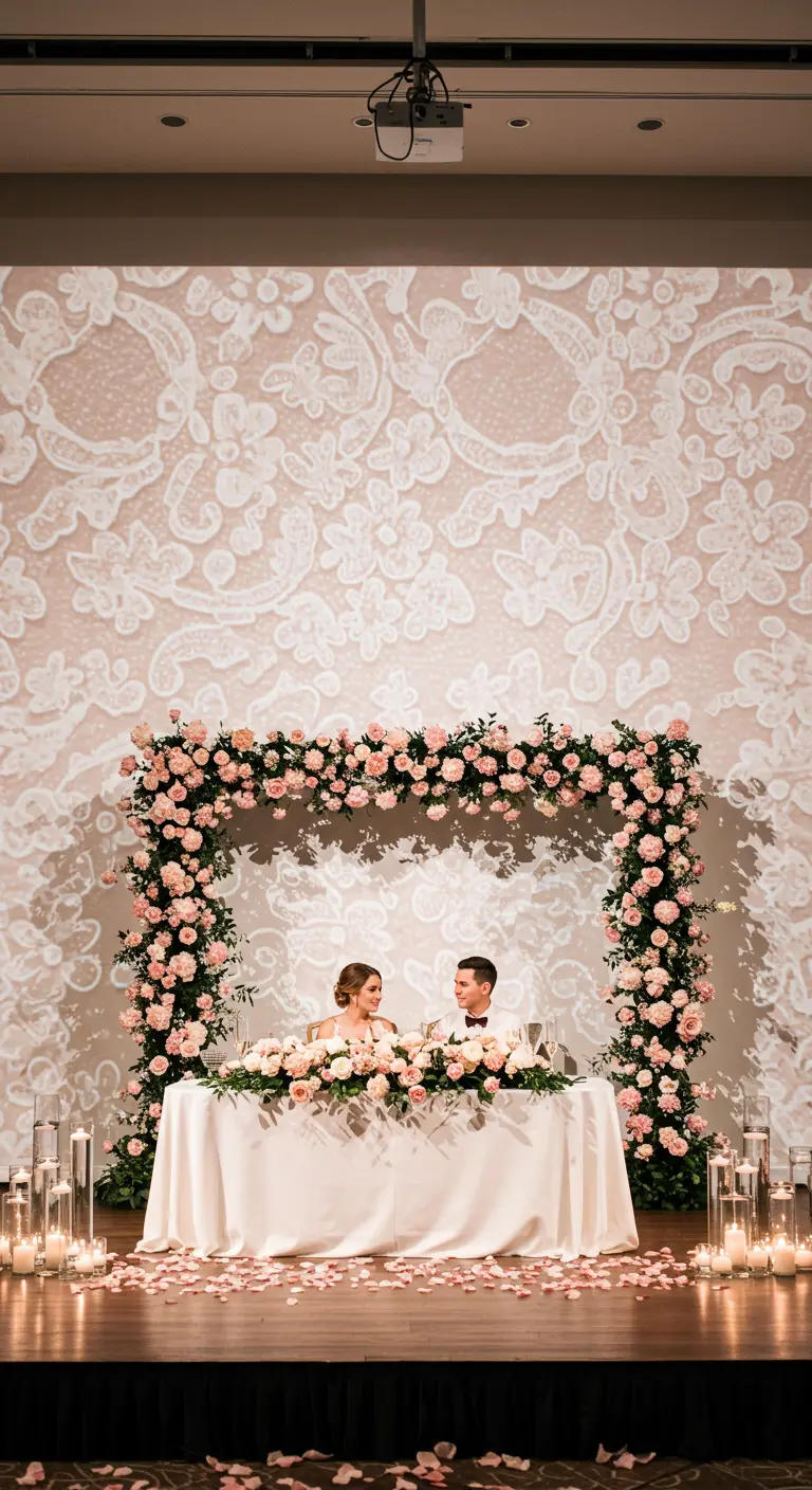 A delicate lace pattern projected onto a wall behind a sweetheart table framed with roses.