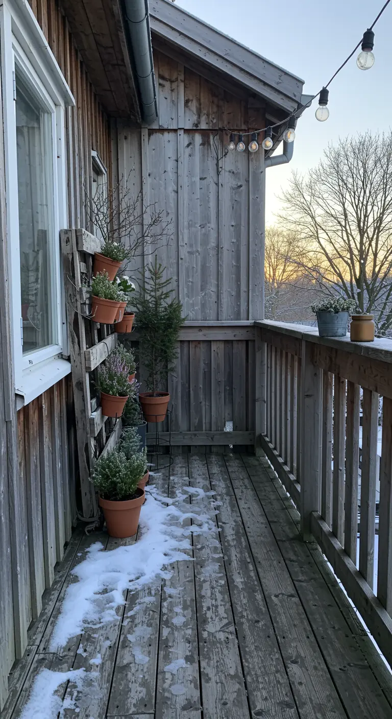 Rustic wooden ladder used as a plant stand on a snowy balcony with terracotta pots.