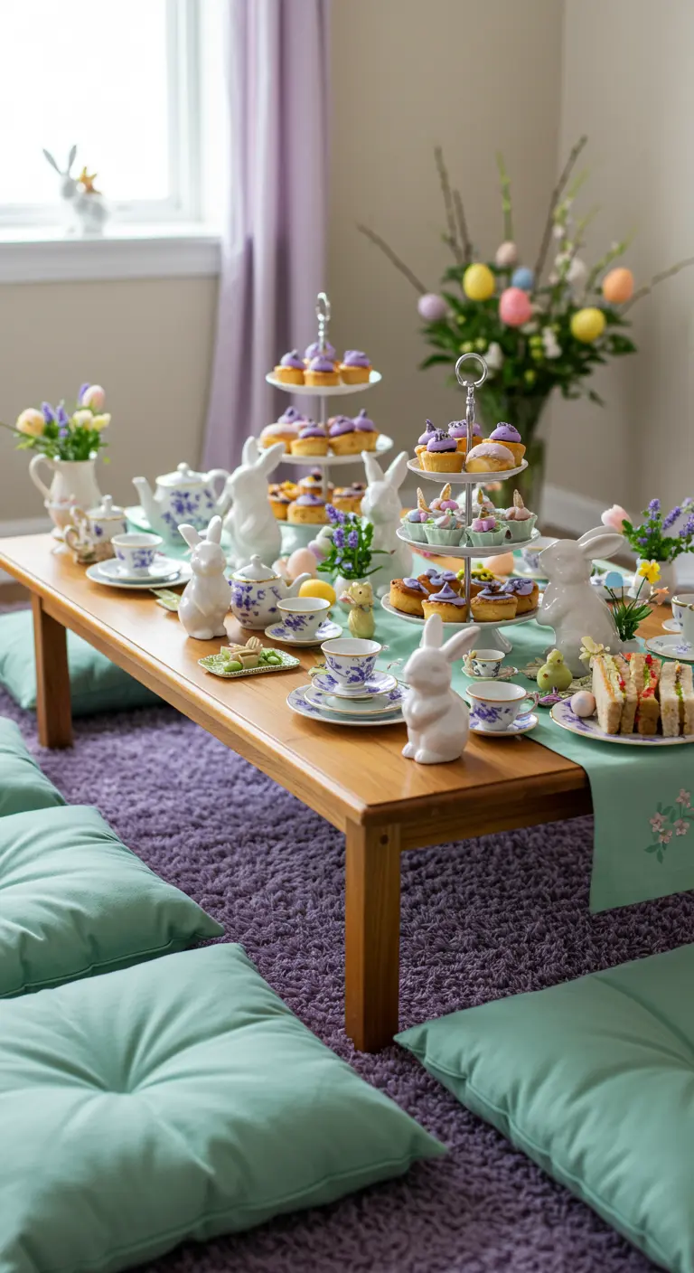 A low Easter table set for a tea party with mint floor cushions.