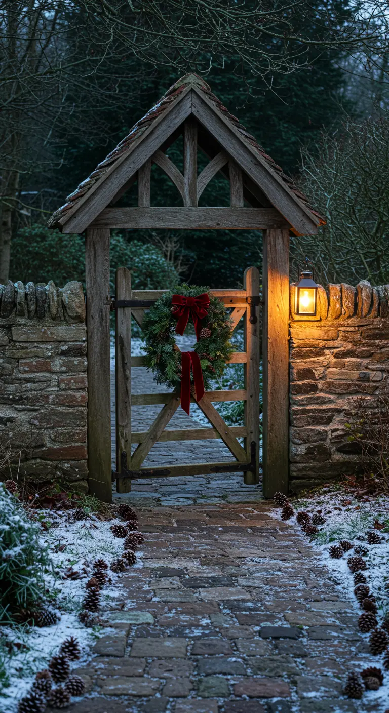 A rustic wooden garden gate with a lit lantern and a Christmas wreath in a snowy setting.