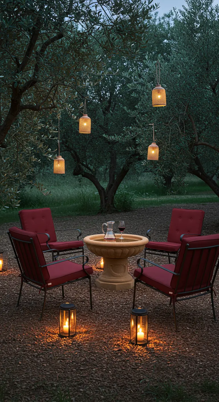 Four chairs around a stone basin table, illuminated by hanging lanterns and candles at dusk.