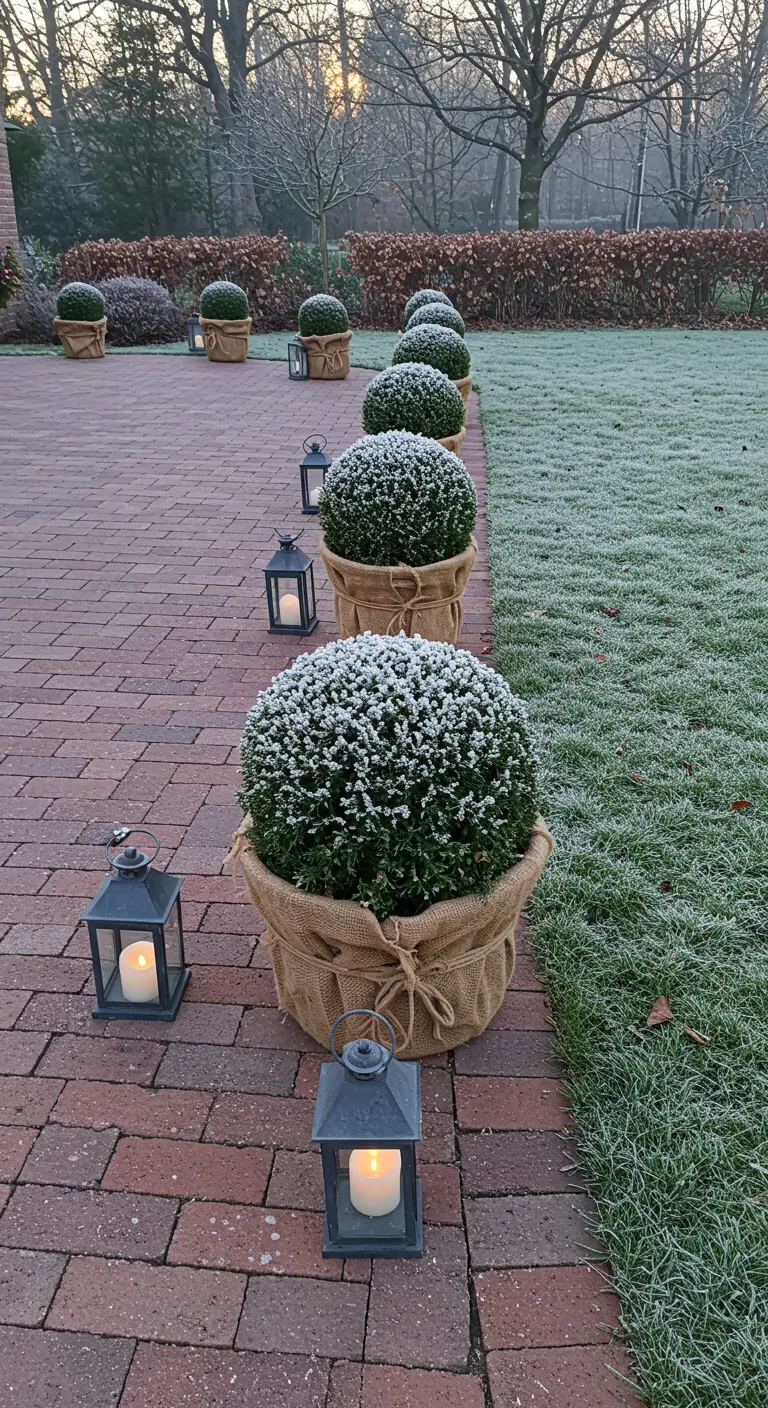 A brick pathway lined with alternating frosted boxwood balls in burlap pots and glowing lanterns.