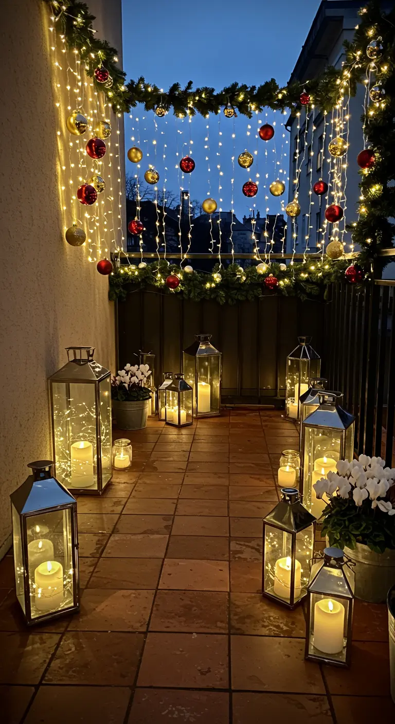 Tiled balcony filled with numerous lanterns of all sizes and festive baubles.