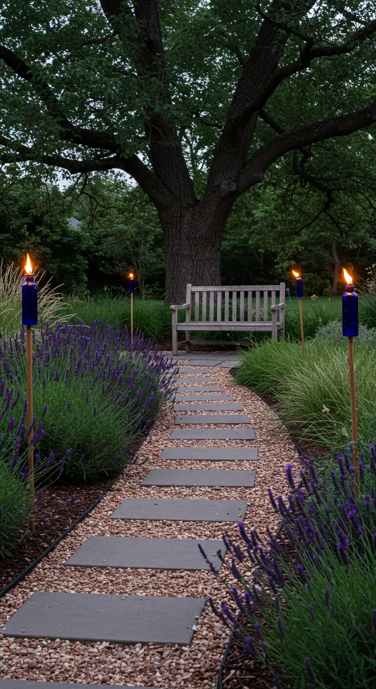 A gravel path with stone pavers, flanked by lavender and blue glass bottle torches.