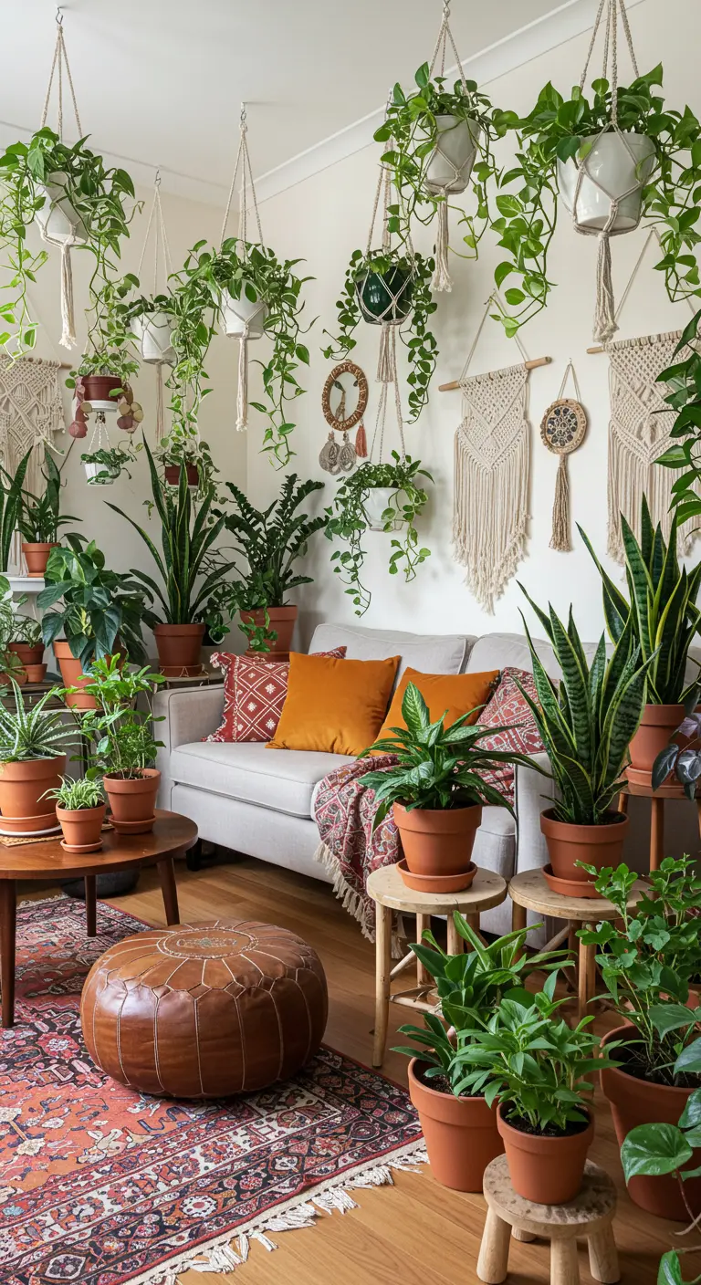 Bohemian living room packed with plants, including macrame hangers and layered terracotta pots.