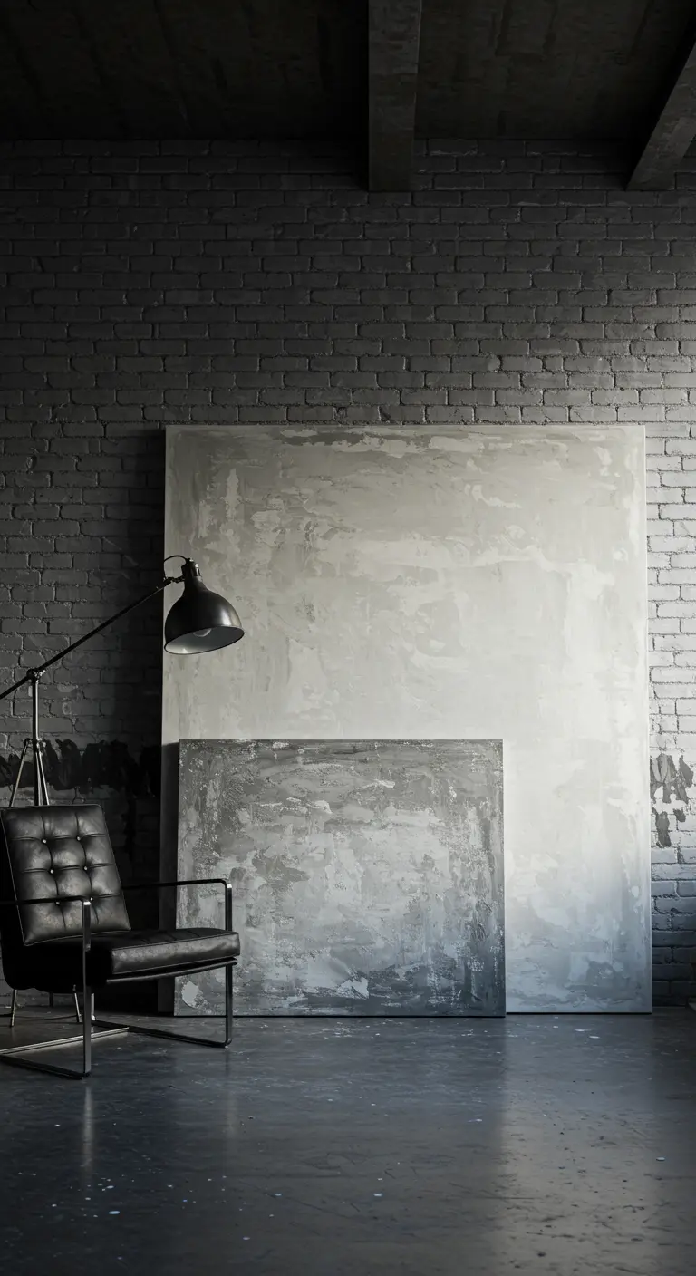 Two large, textured concrete-style canvases leaning against a dark brick wall.