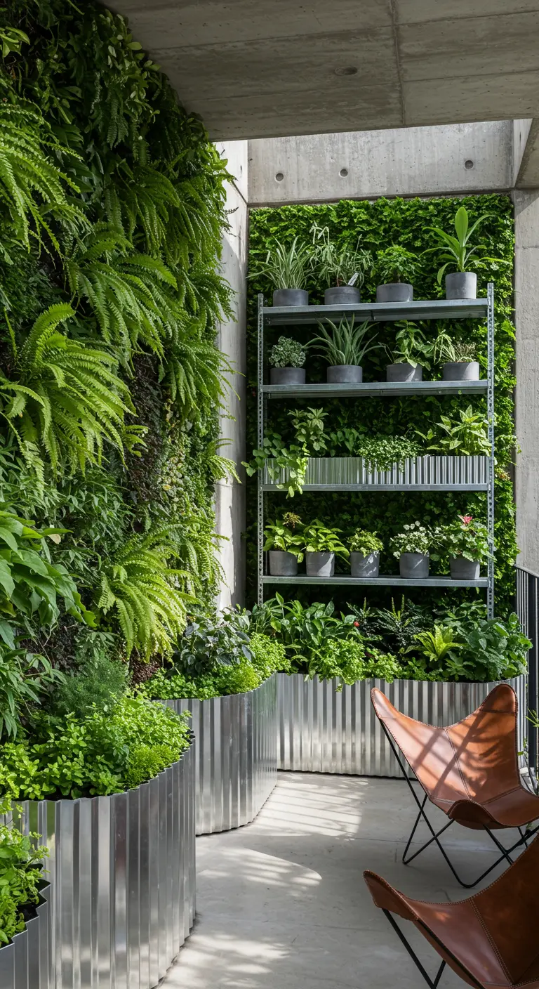 Industrial metal shelves holding potted plants stand in front of a lush living wall.