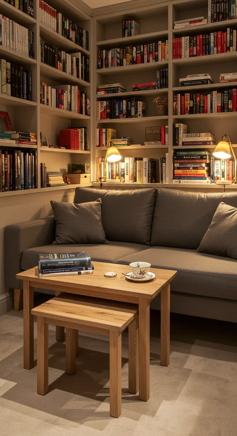 A cozy living room with a gray sofa set against a wall of built-in bookshelves and wooden nesting tables.