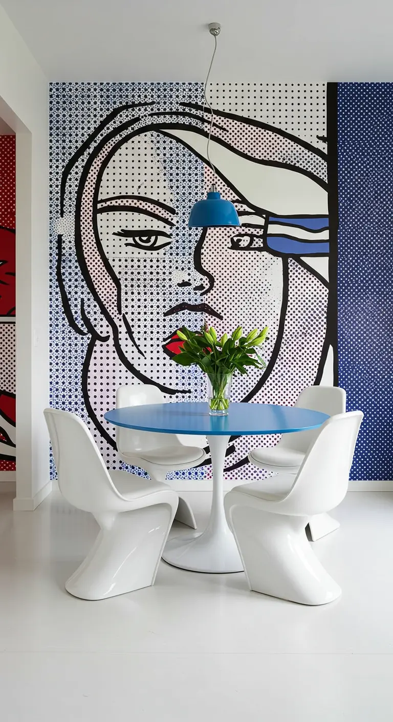 Dining area dominated by a large pop-art mural of a woman's face.