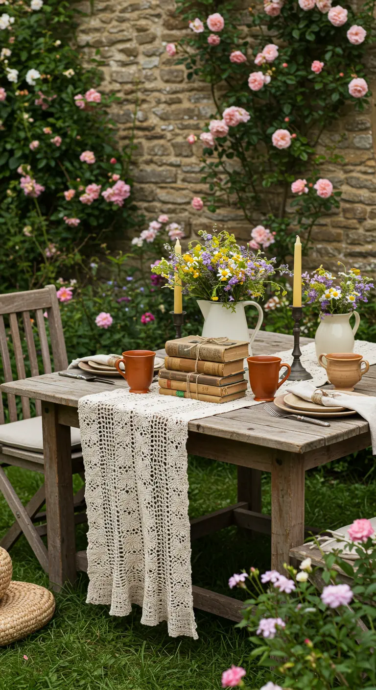 Rustic garden table with a centerpiece of stacked books and wildflowers.