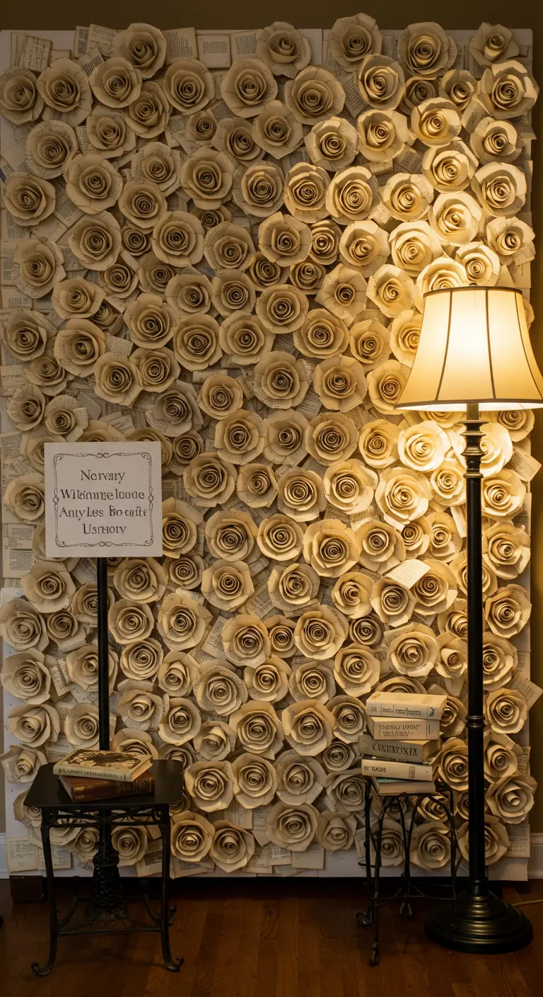 A wall covered in paper roses made from the pages of vintage books.