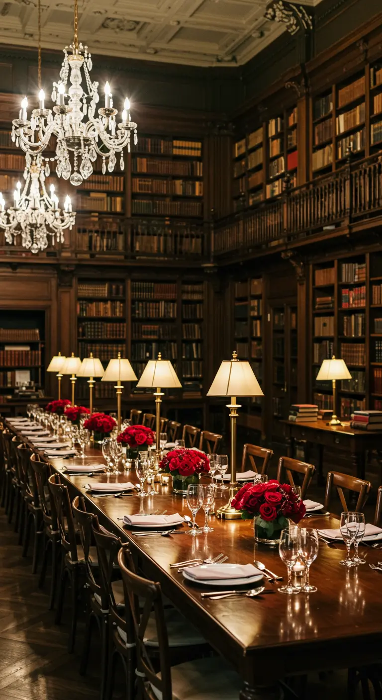 A long, dark wood table in a library, lit by classic lamps and low vases of red roses.