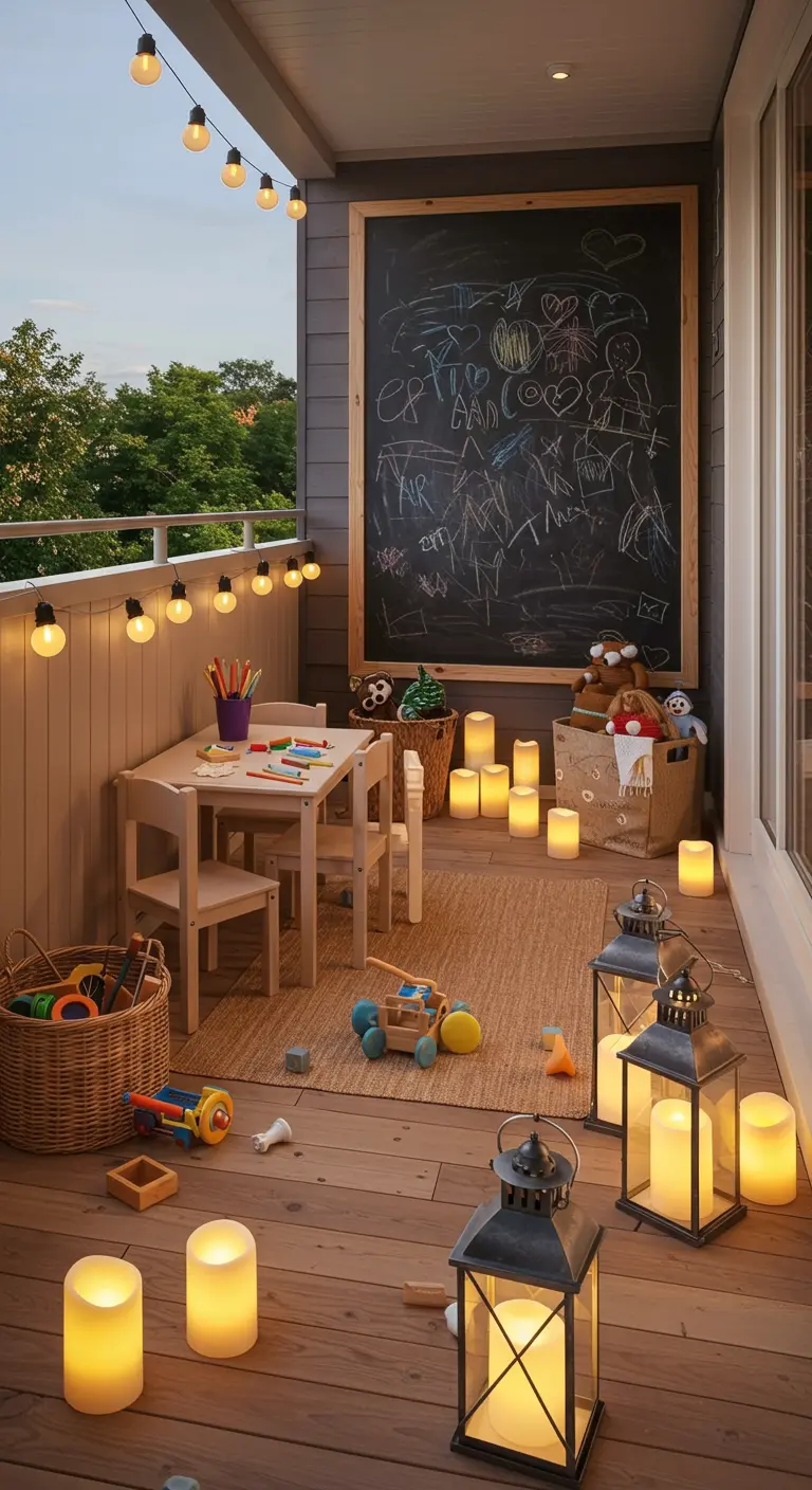 A child-friendly balcony with a large chalkboard for drawing, a small table and chairs, and baskets for toys.