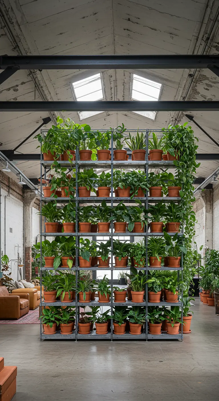 A tall metal shelving unit filled with plants acts as a room divider in an industrial loft.