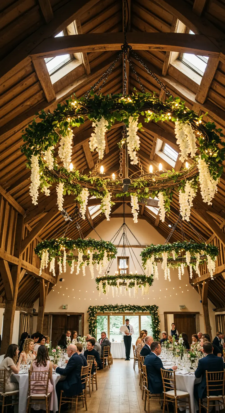 Large chandeliers in a barn wrapped in lush greenery and dripping with white wisteria.