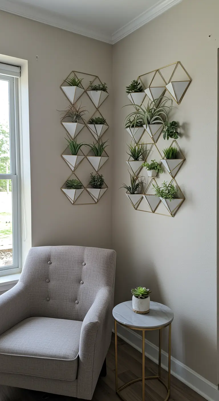 A corner with two large geometric wall planter systems holding various succulents.