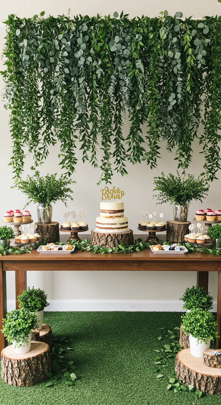 A dessert table backdrop made of cascading eucalyptus and willow vines.