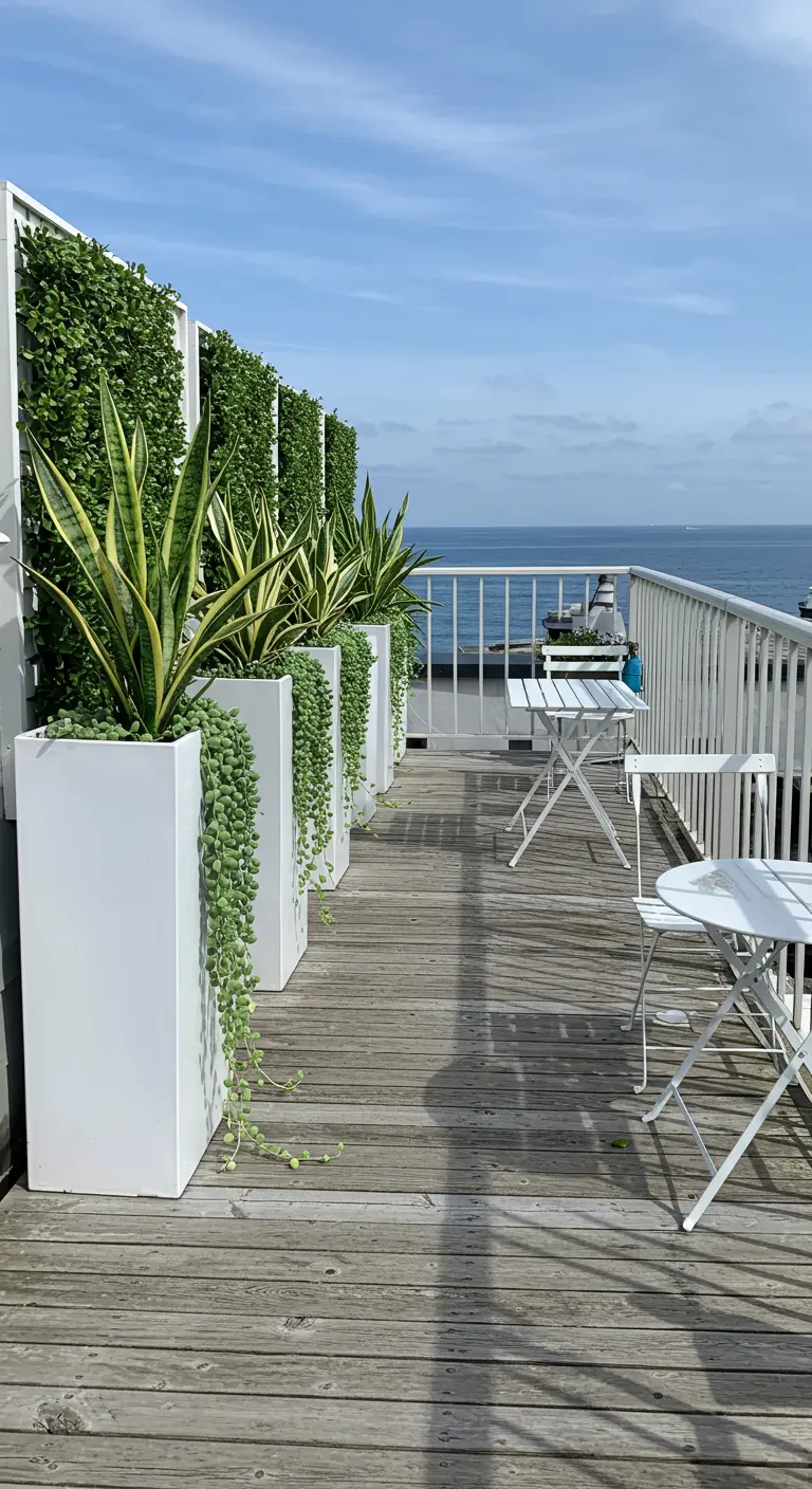 A row of tall white planters with snake plants and trailing succulents creating a privacy screen on a deck.