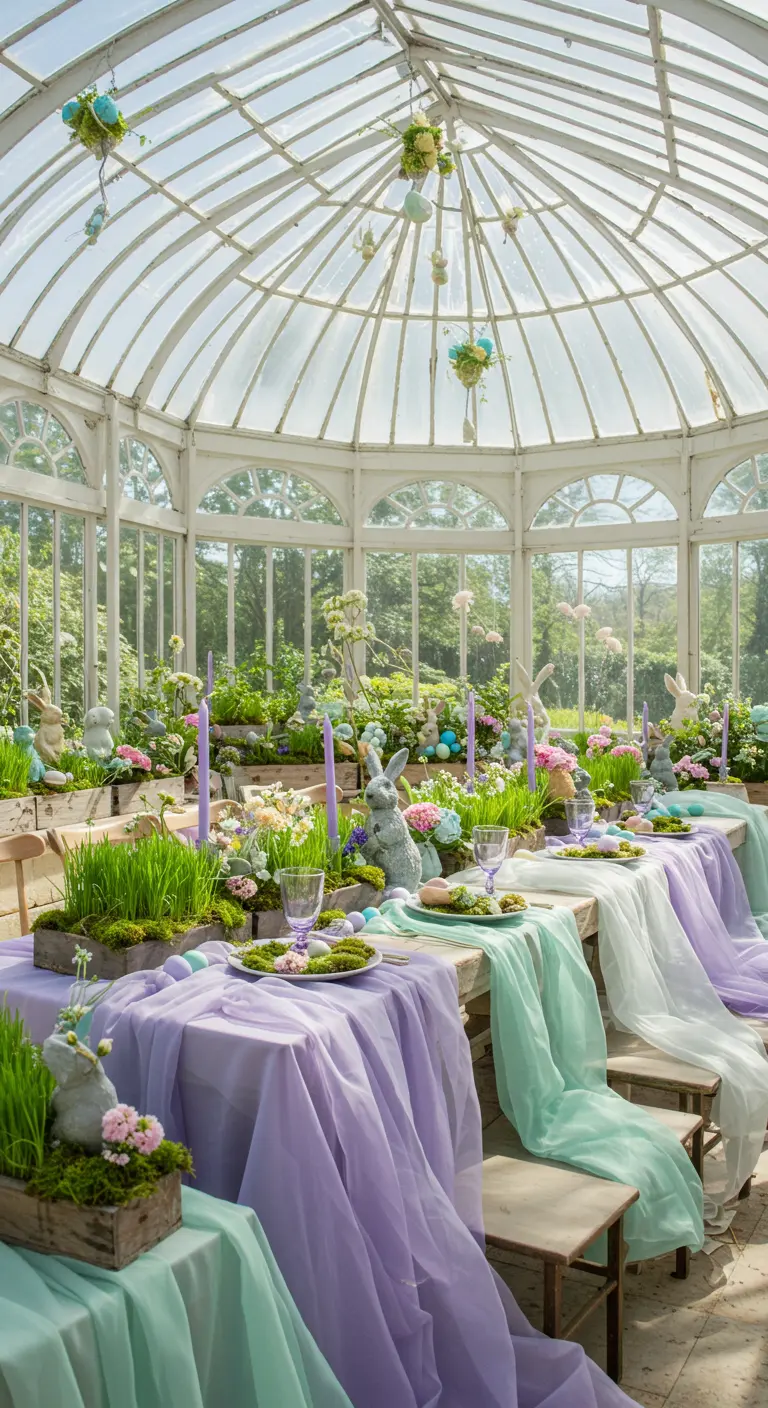 An Easter table in a greenhouse decorated with real moss and grass.