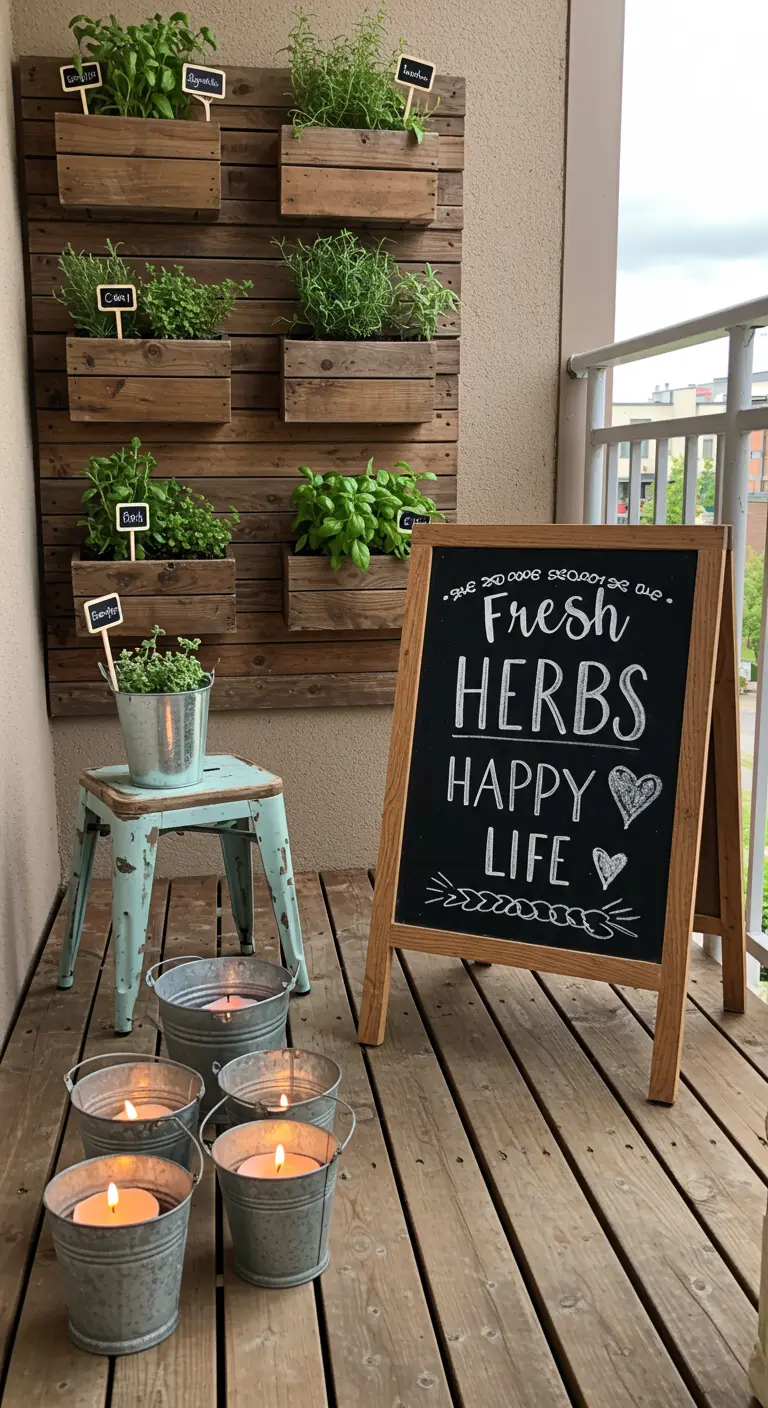 A balcony with a wooden vertical herb garden, a chalkboard sign, and galvanized buckets with candles.