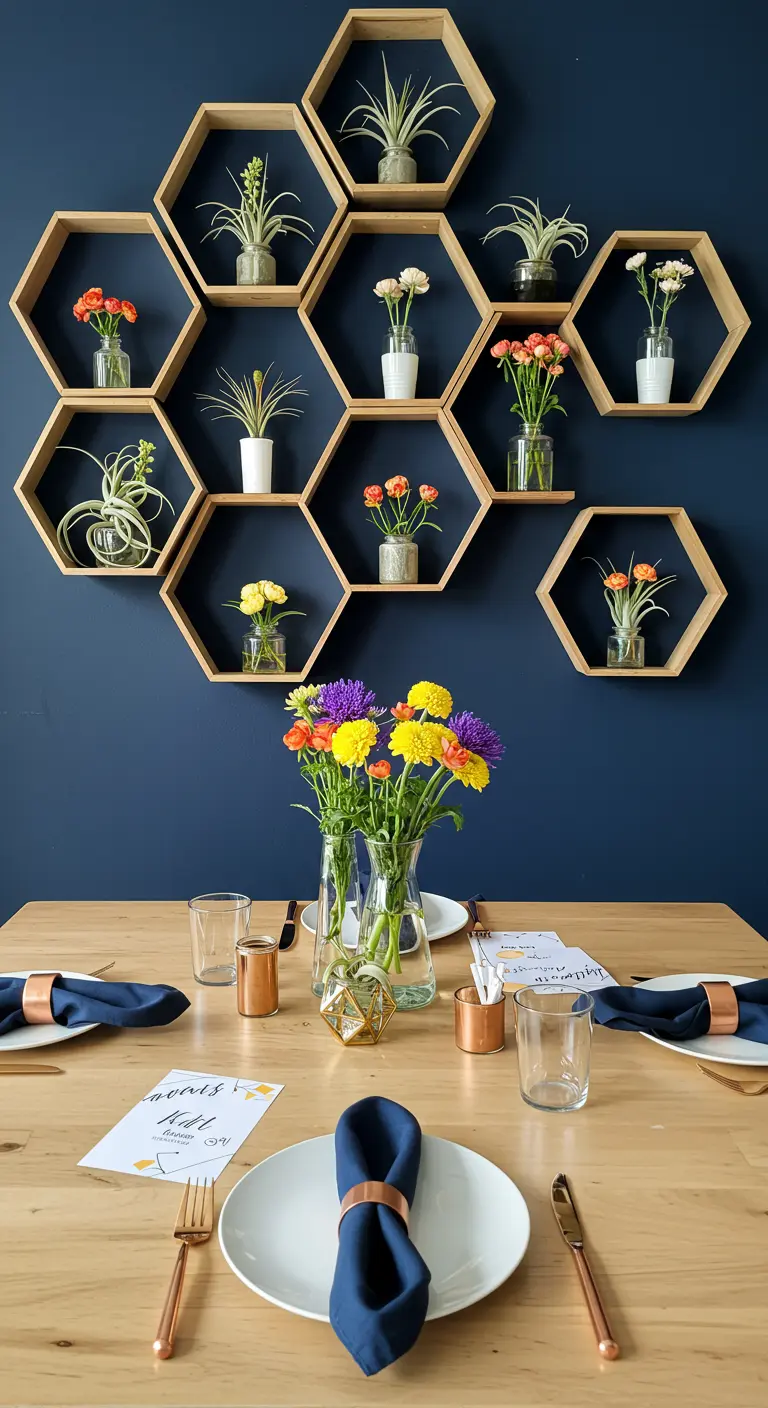 A honeycomb wall of hexagonal shelves with small plants and flowers on a navy wall.