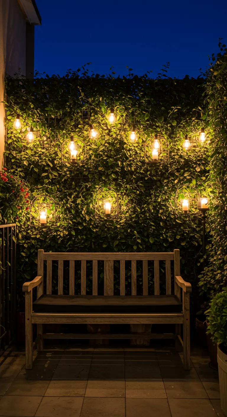 A wooden bench in front of an ivy-covered wall, with small lights and candles nestled in the leaves.
