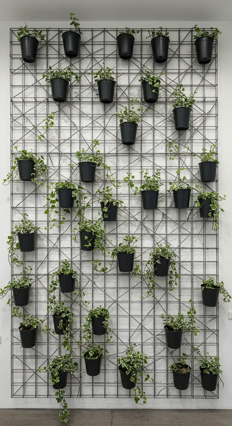 A large, thin metal grid on a white wall with many small black pots and trailing ivy.