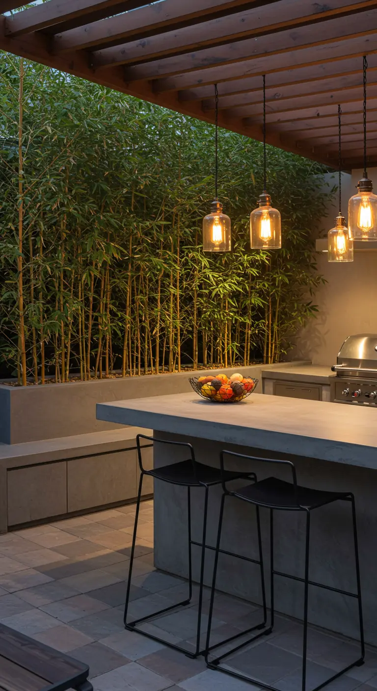 A modern outdoor kitchen with a concrete counter, lit by pendants in front of a bamboo screen.