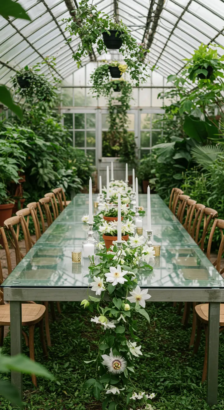 A glass table in a lush greenhouse with a cascading white clematis flower garland.