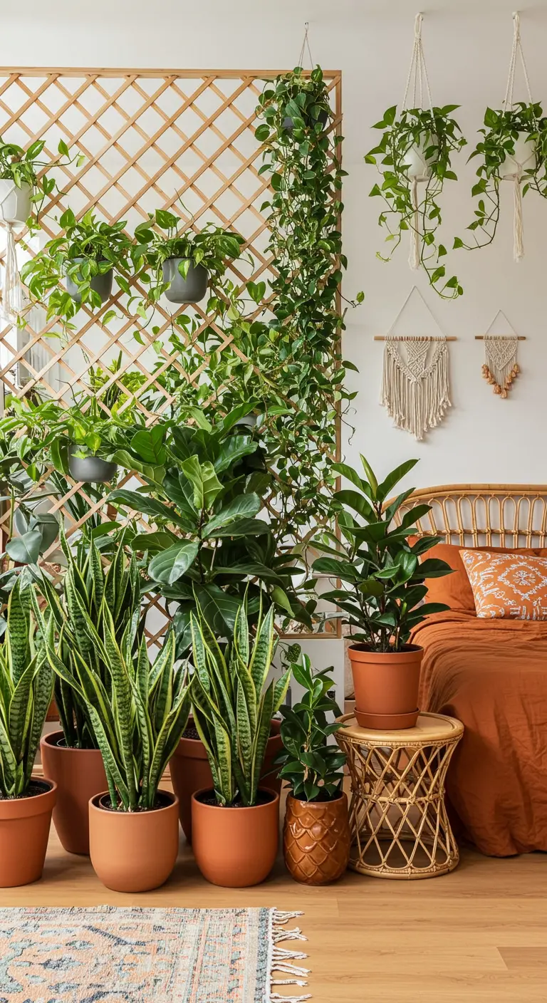 A wooden trellis covered in lush green plants acts as a room divider next to a bed.