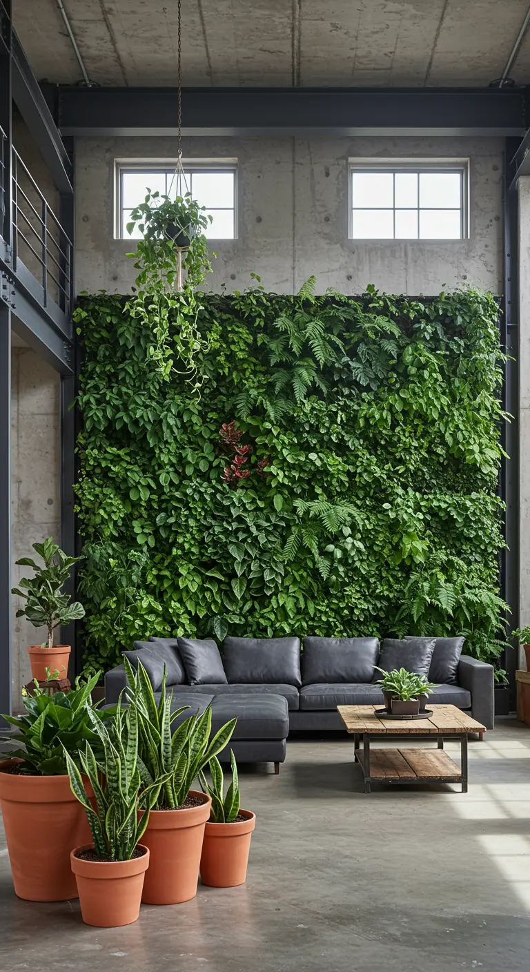 Industrial loft living room with a full-height plant wall behind a grey sectional sofa.