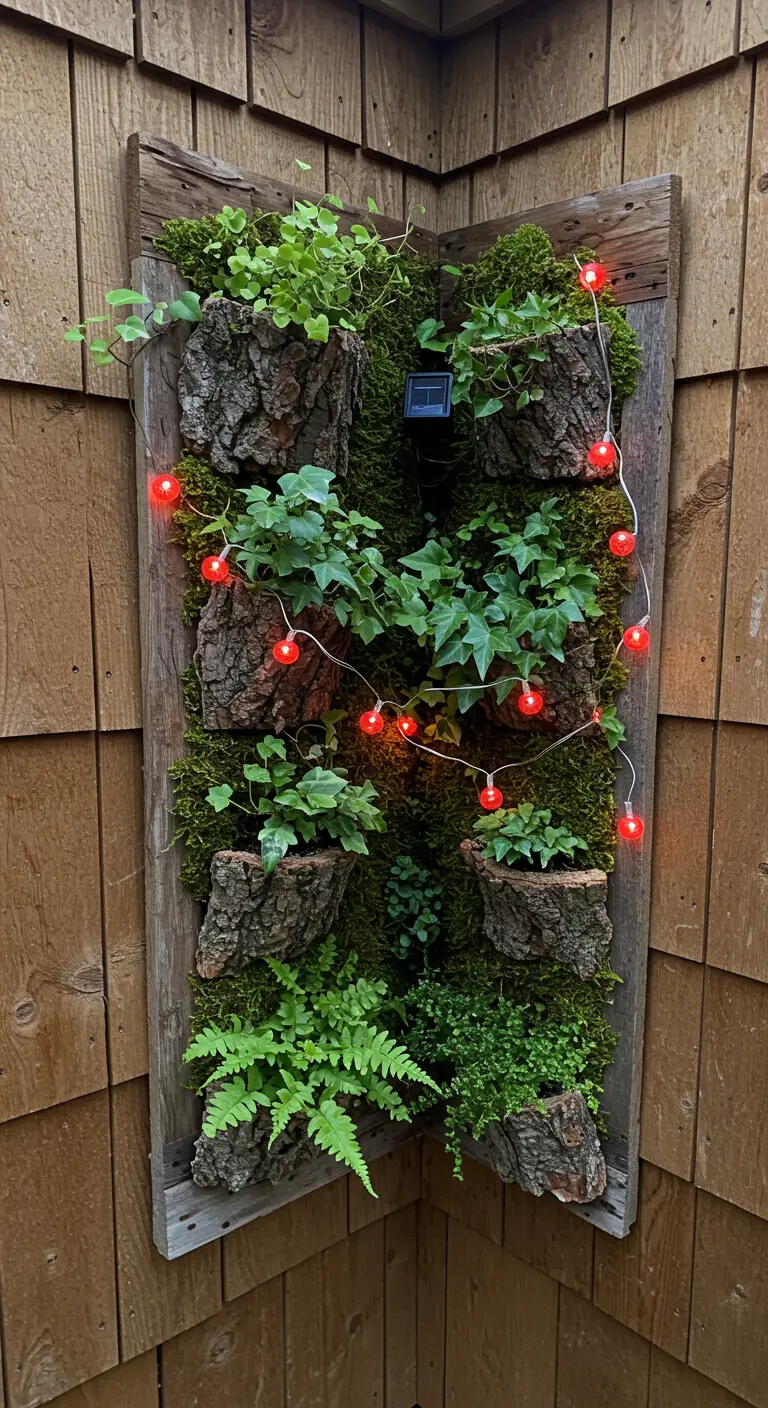 A vertical corner planter with bark pockets holding plants, adorned with red solar string lights.