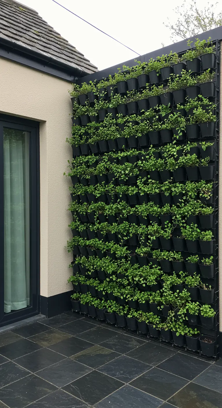 A dense living wall made of many small black pots on a grid system.
