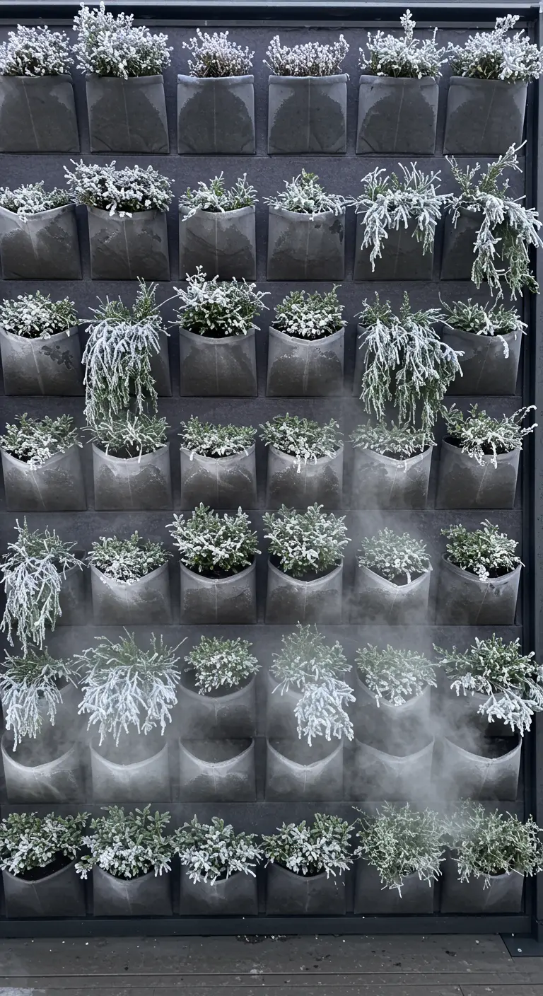 A vertical wall planter with many pockets filled with a variety of frosty evergreens.