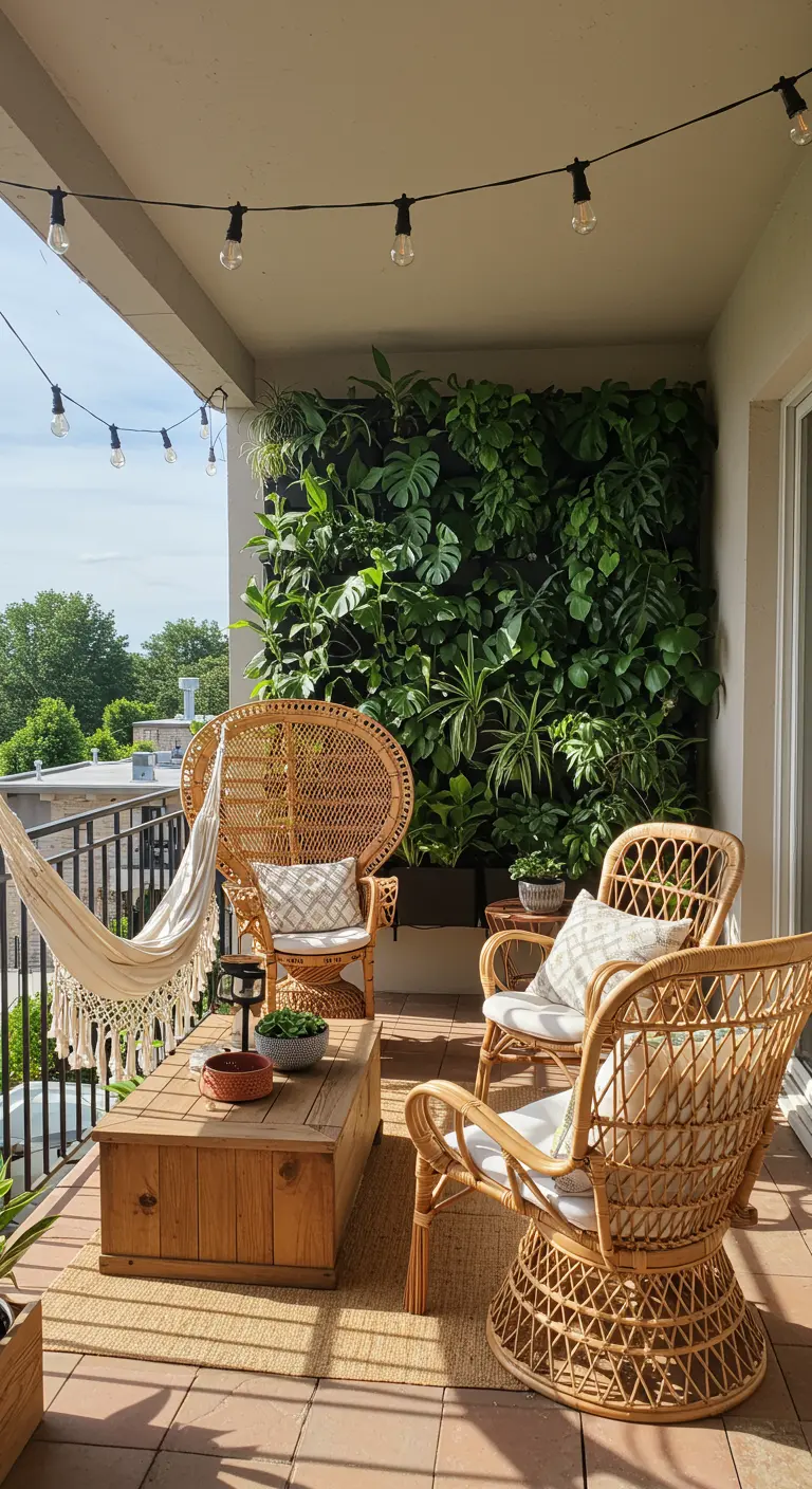A sunny balcony with a full living wall, rattan peacock chairs, and a hanging hammock.